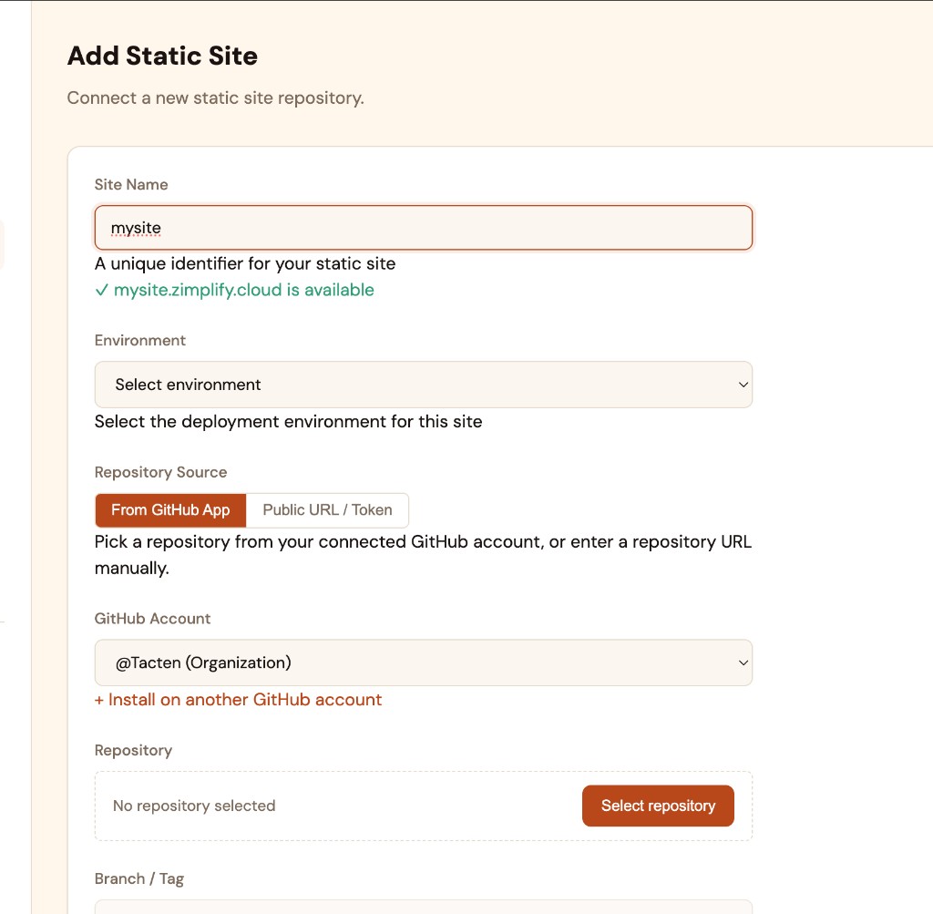 Add Static Site — name, environment, and repository source