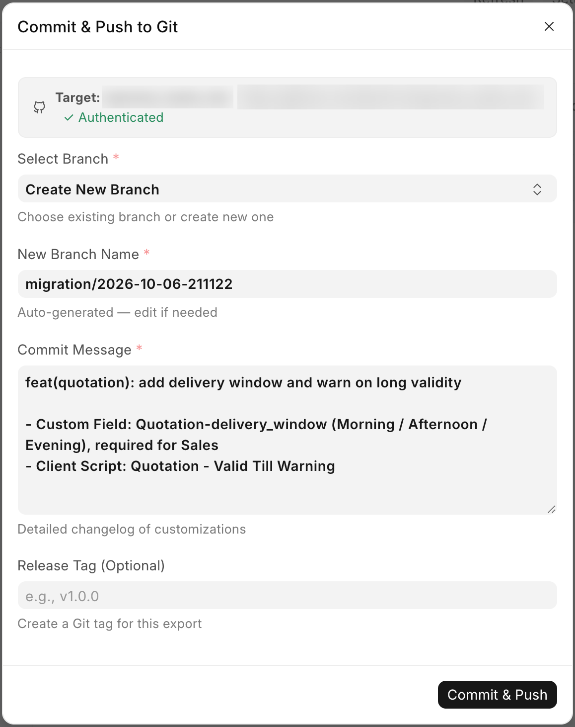 The Commit & Push dialog with a new branch and commit message