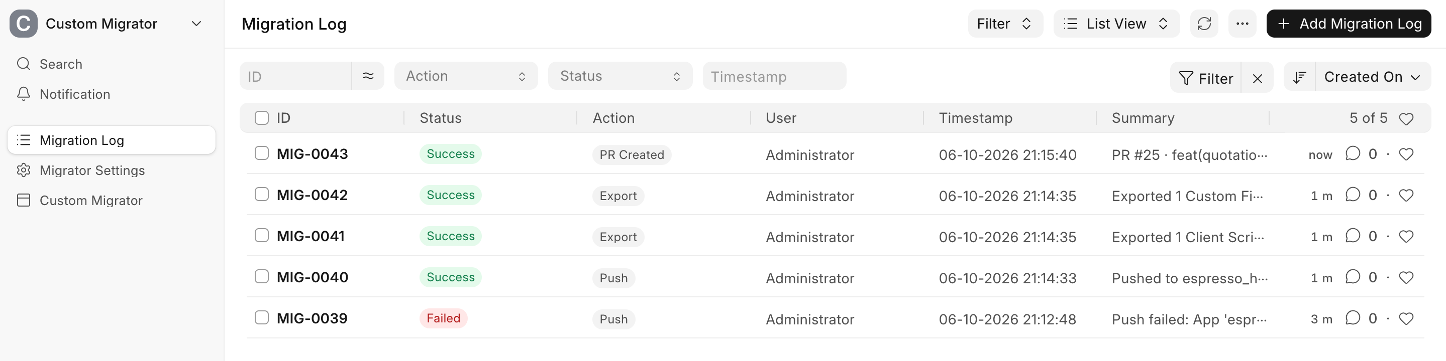 The Migration Log: a failed push, then a push, two exports and a PR Created entry