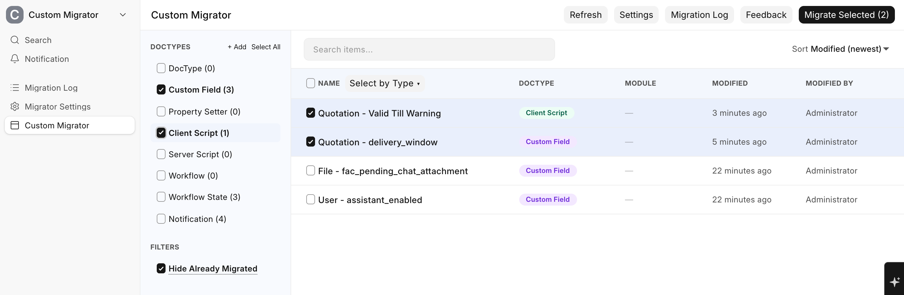The Custom Migrator page with items picked across two types