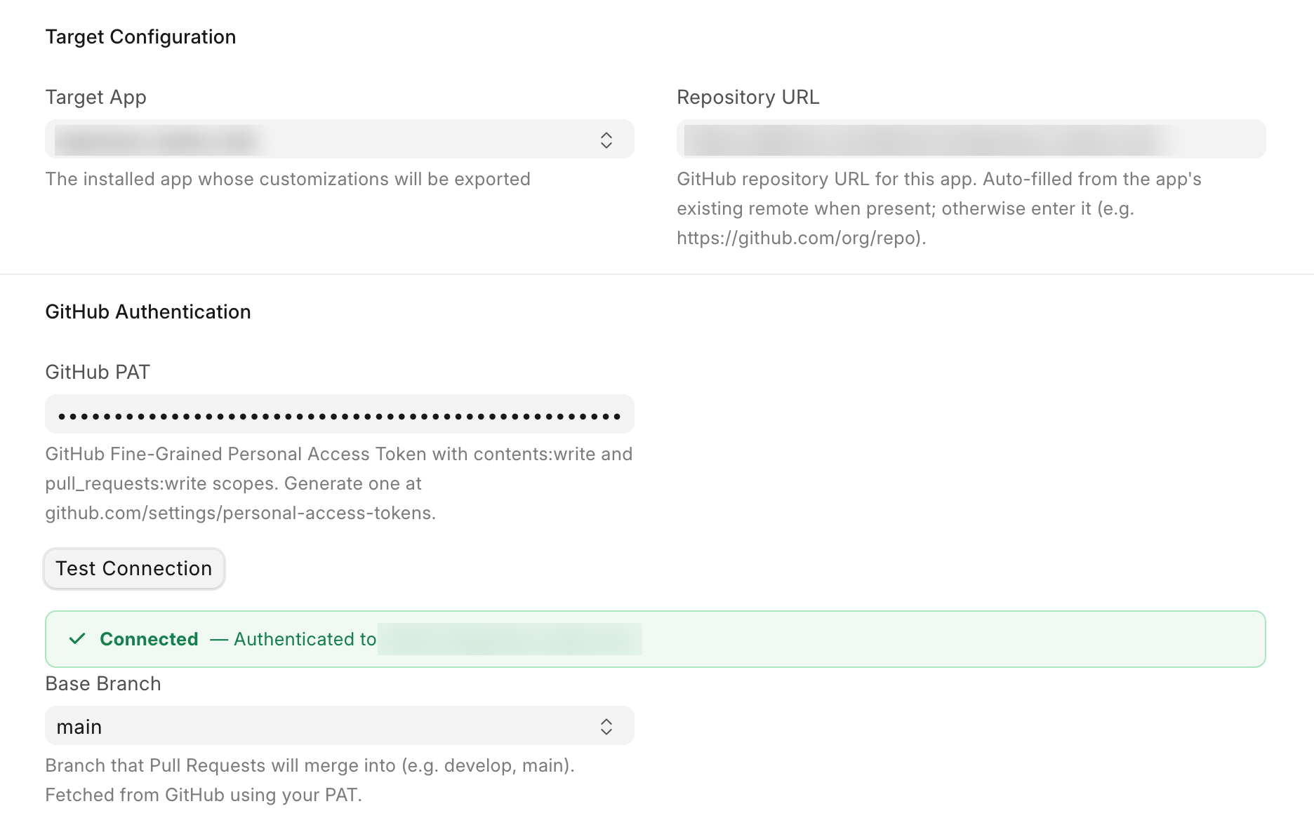 Migrator Settings after Test Connection: Connected, with the base branch filled from GitHub