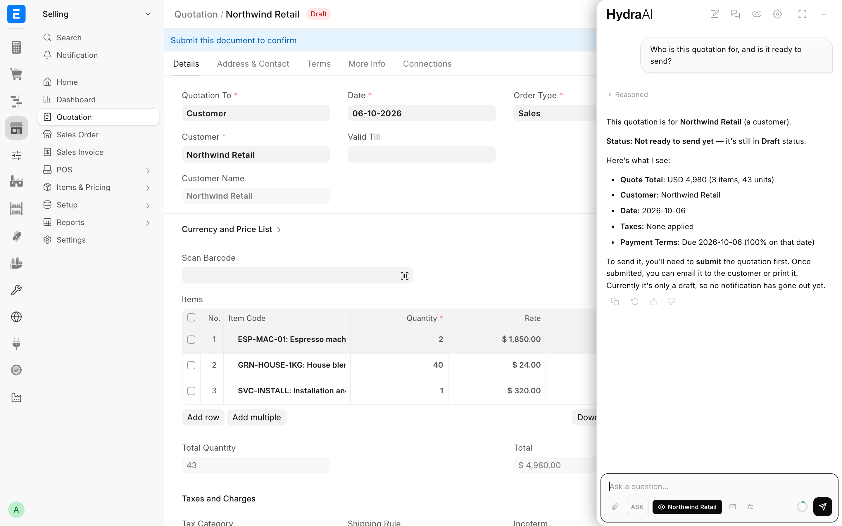 The HydraAI panel open on a Quotation, answering a question with the page toggle on