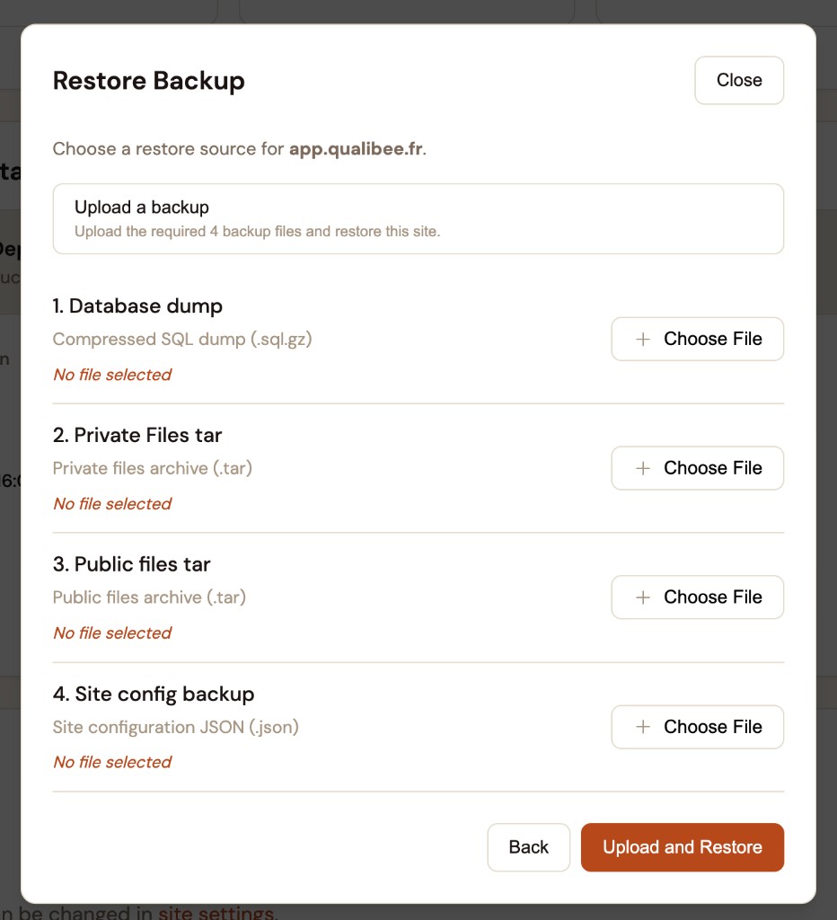 Restore Backup dialog in Espresso Cloud Site Management