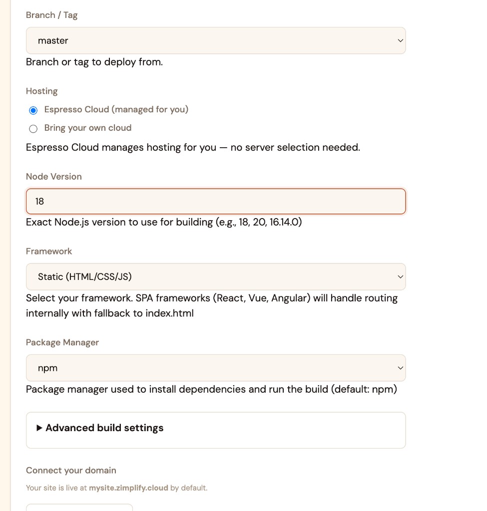 Build settings — Node version, framework, and package manager