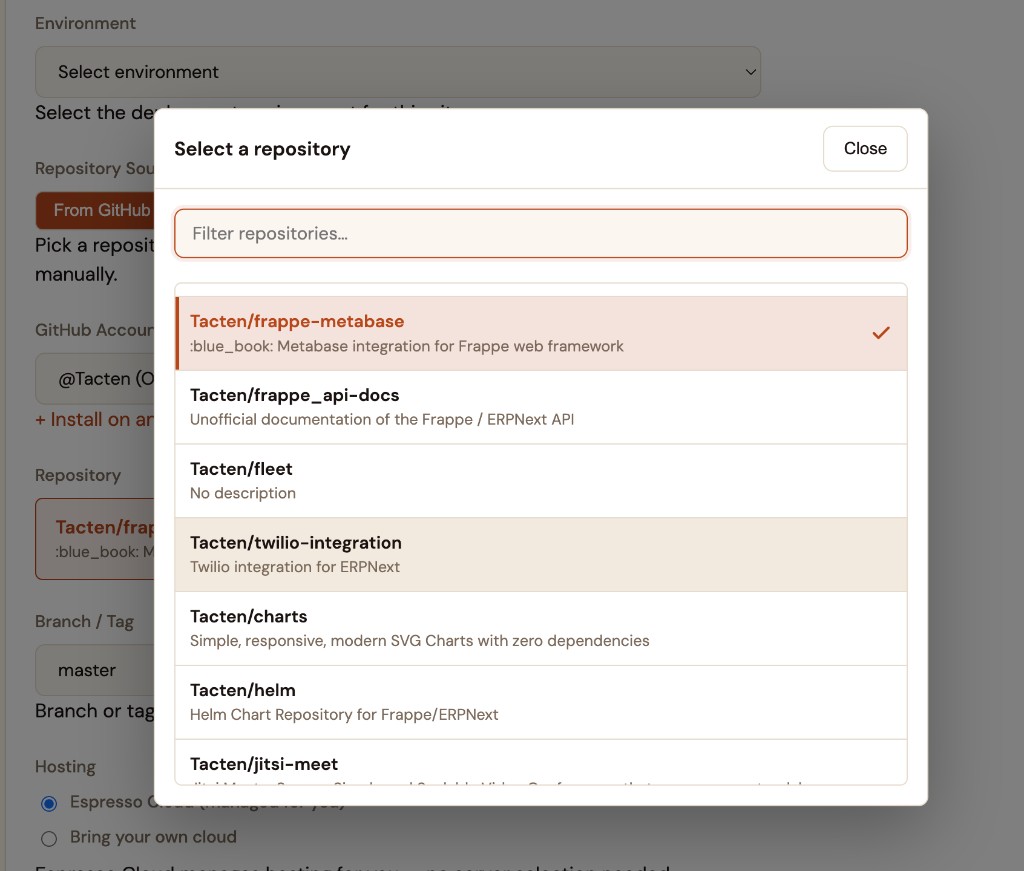 Select a repository from your connected GitHub account