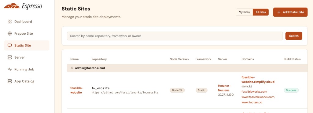 Static Sites list